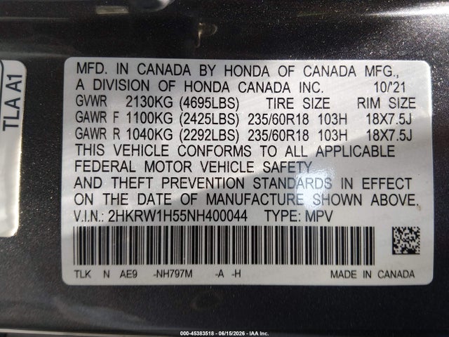 2HKRW1H55NH400044 Honda Cr-v 2wd Ex