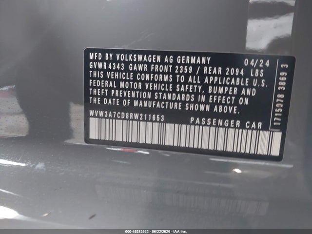 Aukcja sprzedaży 2024 Volkswagen Golf Gti 2.0t Se, vin: WVW3A7CD8RW211653, numer aukcji: 45383523