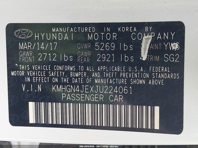 Aukcja sprzedaży 2018 Genesis G80 3.8, vin: KMHGN4JEXJU224061, numer aukcji: 45383526
