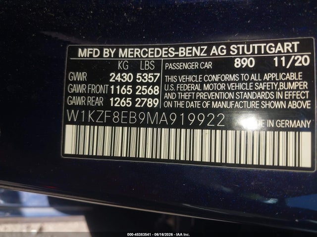 Aukcja sprzedaży 2021 Mercedes-benz E 350 4matic, vin: W1KZF8EB9MA919922, numer aukcji: 45383541