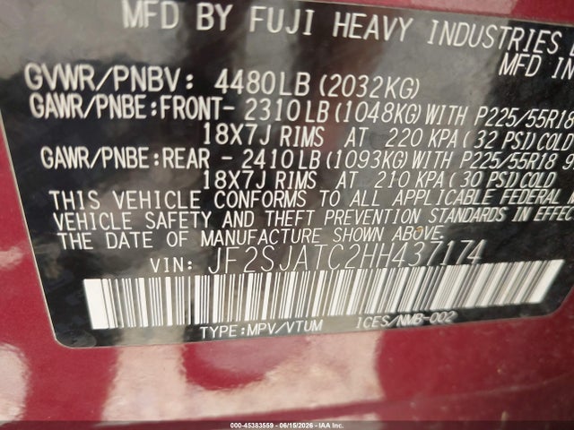 Aukcja sprzedaży 2017 Subaru Forester 2.5i Touring, vin: JF2SJATC2HH437174, numer aukcji: 45383559