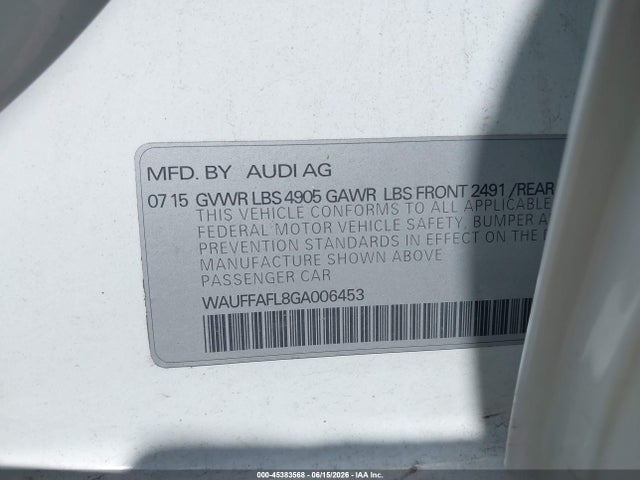 Auction sale of the 2016 Audi A4 2.0t Premium, vin: WAUFFAFL8GA006453, lot number: 45383568