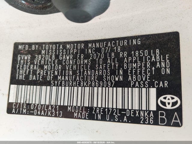 Toyota Corolla Xle 2019 5YFBURHE8KP869097 Image 9