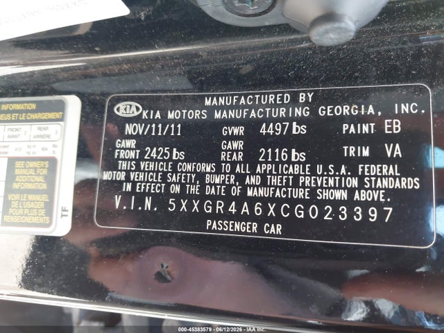 Продаж на аукціоні авто 2012 Kia Optima Sx, vin: 5XXGR4A6XCG023397, номер лоту: 45383579