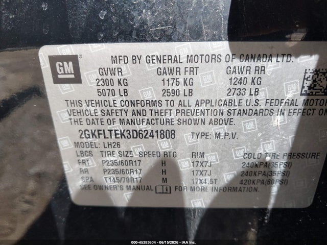 45383604 :رقم المزاد ، 2GKFLTEK3D6241808 vin ، 2013 Gmc Terrain Sle-2 مزاد بيع