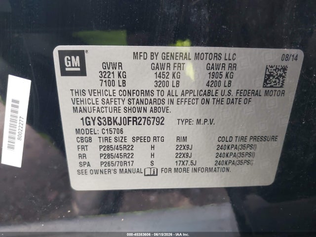 Продажа на аукционе авто 2015 Cadillac Escalade Luxury, vin: 1GYS3BKJ0FR276792, номер лота: 45383606
