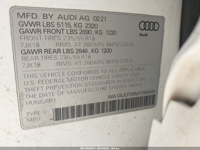 45383615 :رقم المزاد ، WA1AUCF3XM1096645 vin ، 2021 Audi Q3 Premium 40 Tfsi Quattro Tiptronic مزاد بيع