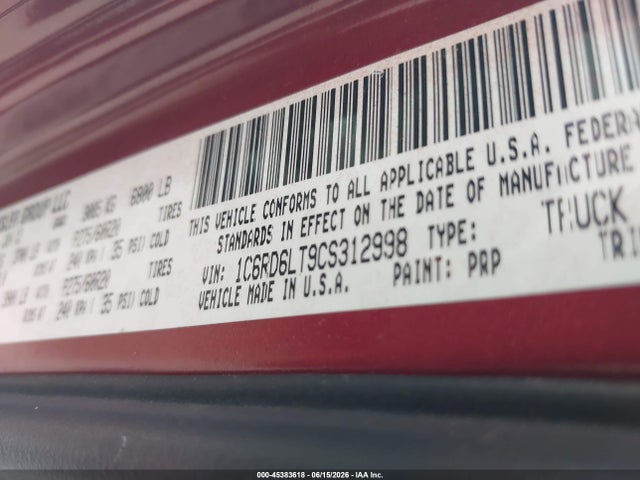 45383618 :رقم المزاد ، 1C6RD6LT9CS312998 vin ، 2012 Ram 1500 Lone Star مزاد بيع