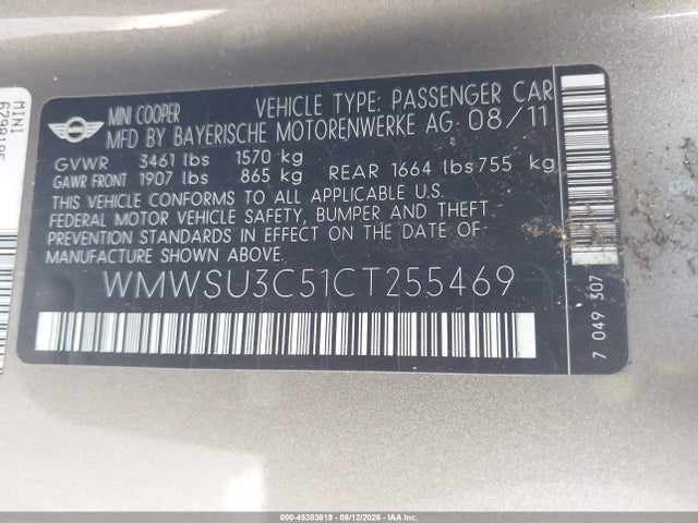 Aukcja sprzedaży 2012 Mini Cooper, vin: WMWSU3C51CT255469, numer aukcji: 45383619