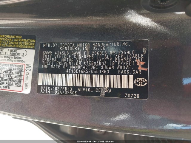 2007 Toyota Camry Le მანქანა იყიდება აუქციონზე, vin: 4T1BE46K57U501863, აუქციონის ნომერი: 45383634