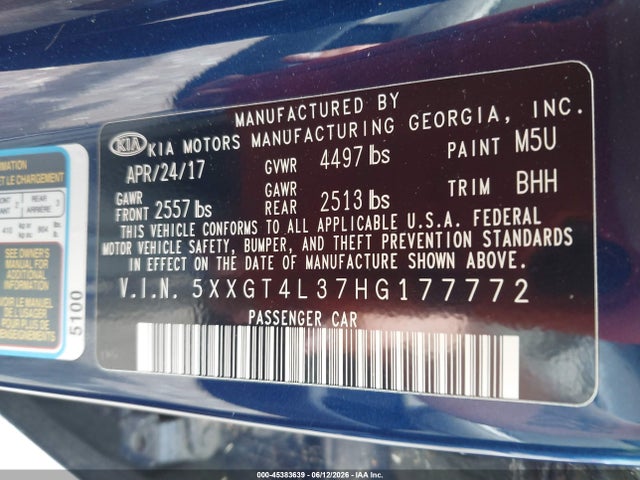 45383639 :رقم المزاد ، 5XXGT4L37HG177772 vin ، 2017 Kia Optima Lx مزاد بيع