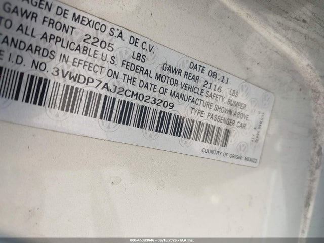 2012 Volkswagen Jetta 2.5l Se მანქანა იყიდება აუქციონზე, vin: 3VWDP7AJ2CM023209, აუქციონის ნომერი: 45383646