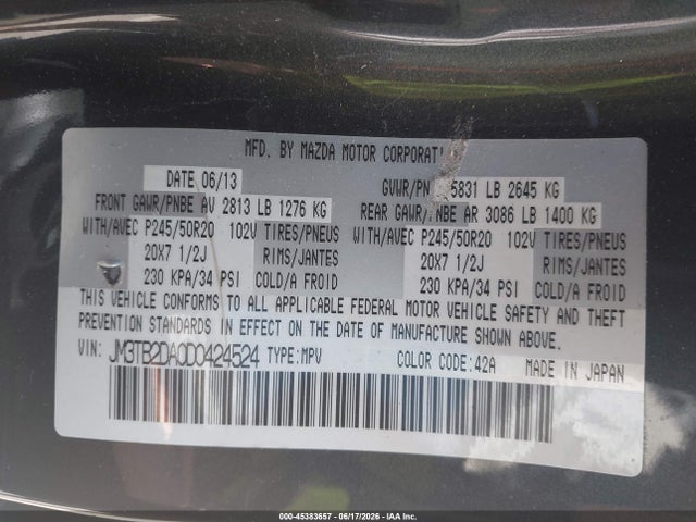 Aukcja sprzedaży 2013 Mazda Cx-9 Grand Touring, vin: JM3TB2DA0D0424524, numer aukcji: 45383657