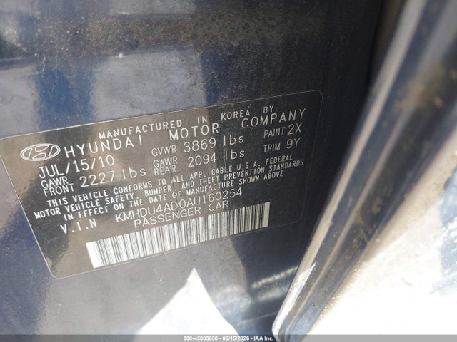 Aukcja sprzedaży 2010 Hyundai Elantra Gls, vin: KMHDU4AD0AU160254, numer aukcji: 45383658
