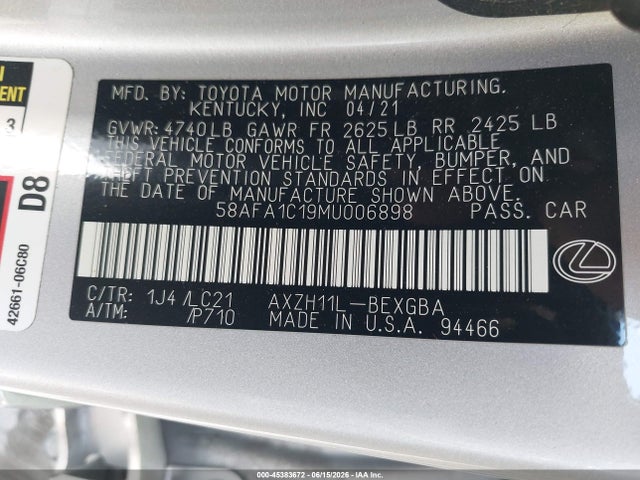 Продаж на аукціоні авто 2021 Lexus Es 300h Ultra Luxury, vin: 58AFA1C19MU006898, номер лоту: 45383672