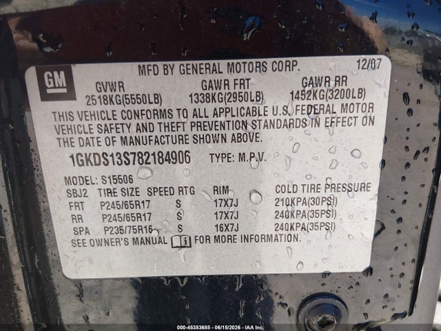 45383685 :رقم المزاد ، 1GKDS13S782184906 vin ، 2008 Gmc Envoy Sle مزاد بيع