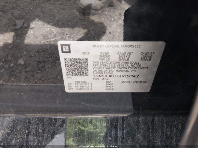 2019 Chevrolet Suburban Premier მანქანა იყიდება აუქციონზე, vin: 1GNSKJKC7KR150502, აუქციონის ნომერი: 45383694