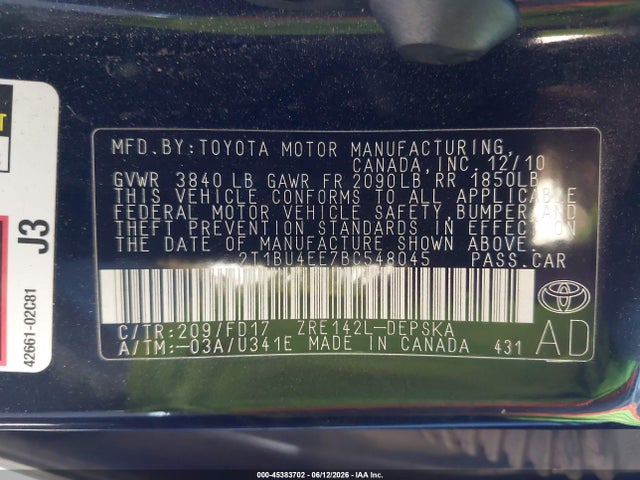 Aukcja sprzedaży 2011 Toyota Corolla S, vin: 2T1BU4EE7BC548045, numer aukcji: 45383702