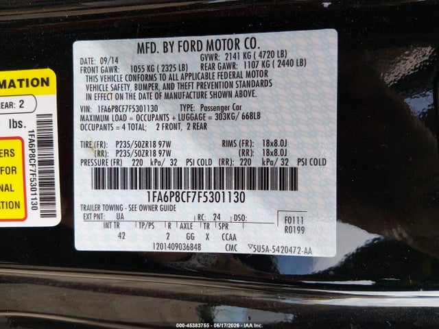 Aukcja sprzedaży 2015 Ford Mustang Gt Premium, vin: 1FA6P8CF7F5301130, numer aukcji: 45383755