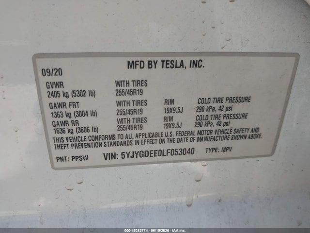 Продажа на аукционе авто 2020 Tesla Model Y Long Range Dual Motor All-wheel Drive, vin: 5YJYGDEE0LF053040, номер лота: 45383774