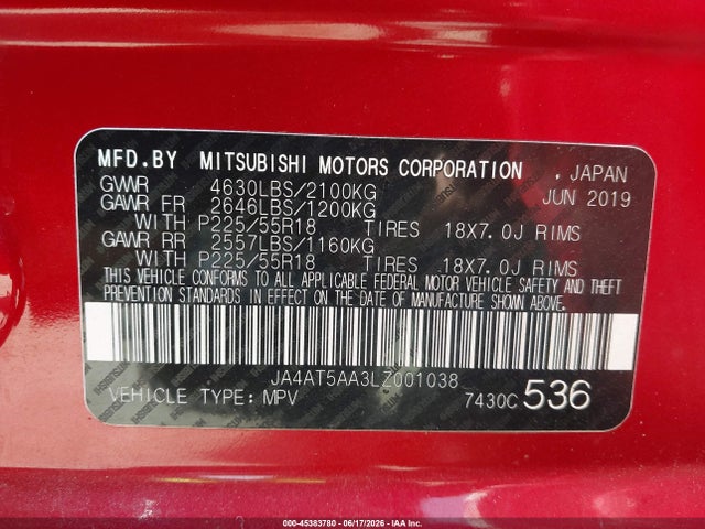 Aukcja sprzedaży 2020 Mitsubishi Eclipse Cross Sel 1.5t Awc, vin: JA4AT5AA3LZ001038, numer aukcji: 45383780