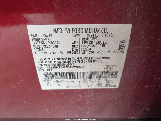 Aukcja sprzedaży 2013 Ford Explorer Xlt, vin: 1FM5K7D85DGC90530, numer aukcji: 45383796
