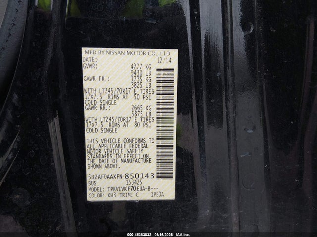 5BZAF0AAXFN850143 Nissan Nv Passenger Nv3500 Hd Sl V8