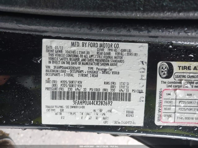 Aukcja sprzedaży 2012 Ford Fusion Sel, vin: 3FAHP0JA4CR282692, numer aukcji: 45383861