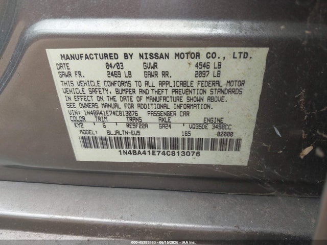 Aukcja sprzedaży 2004 Nissan Maxima 3.5 Se, vin: 1N4BA41E74C813076, numer aukcji: 45383863