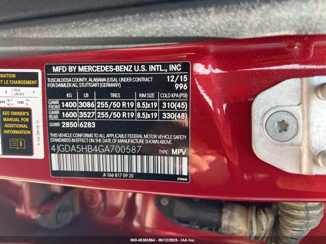 45383864 :رقم المزاد ، 4JGDA5HB4GA700587 vin ، 2016 Mercedes-benz Gle 350 4matic مزاد بيع