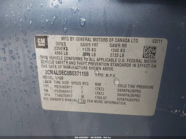 Продажа на аукционе авто 2011 Chevrolet Equinox Lt W/1lt, vin: 2CNALDEC8B6371158, номер лота: 45383867