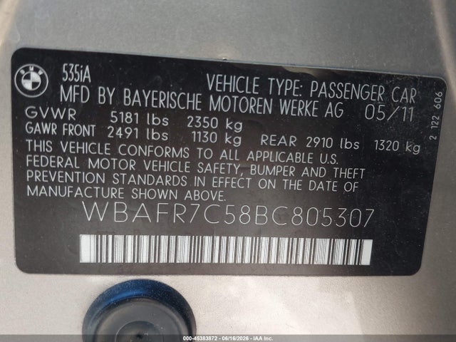 45383872 :رقم المزاد ، WBAFR7C58BC805307 vin ، 2011 Bmw 535i مزاد بيع