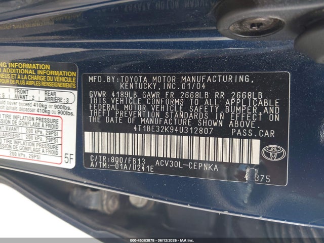 Продаж на аукціоні авто 2004 Toyota Camry Le, vin: 4T1BE32K94U312807, номер лоту: 45383878