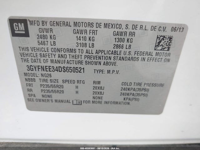2013 Cadillac Srx Premium Collection მანქანა იყიდება აუქციონზე, vin: 3GYFNEE34DS650521, აუქციონის ნომერი: 45383881