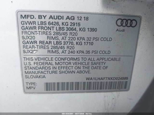 Продаж на аукціоні авто 2019 Audi Q7 45 Premium/45 Se Premium, vin: WA1LHAF7XKD024585, номер лоту: 45383891