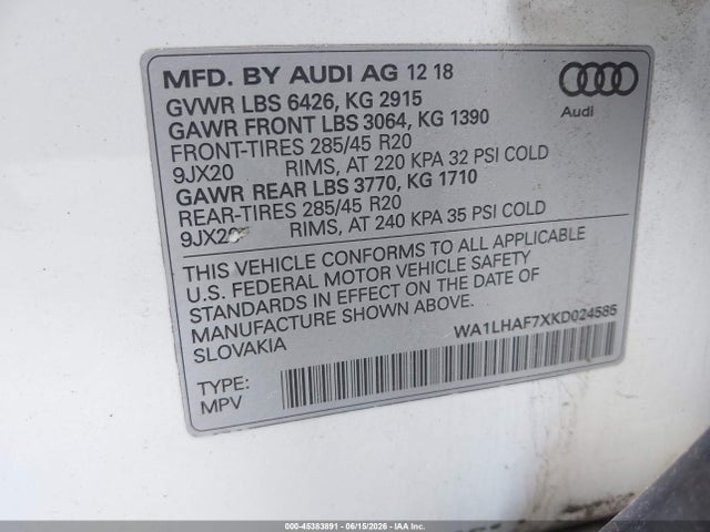 Продажа на аукционе авто 2019 Audi Q7 45 Premium/45 Se Premium, vin: WA1LHAF7XKD024585, номер лота: 45383891