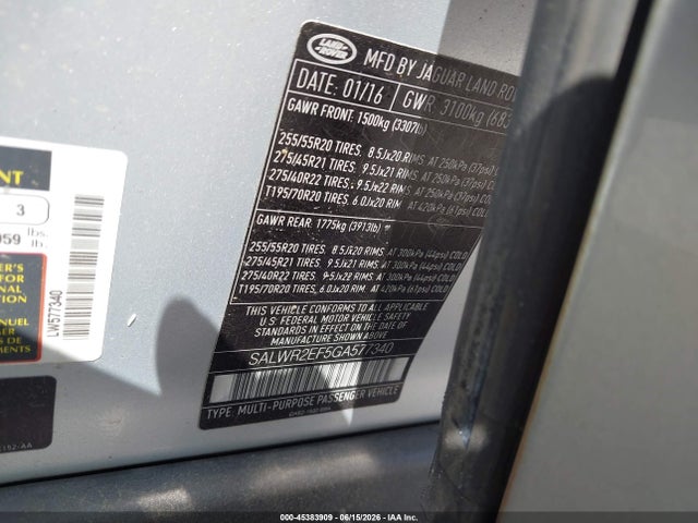 Продаж на аукціоні авто 2016 Land Rover Range Rover Sport 5.0l V8 Supercharged/5.0l V8 Supercharged Dynamic, vin: SALWR2EF5GA577340, номер лоту: 45383909