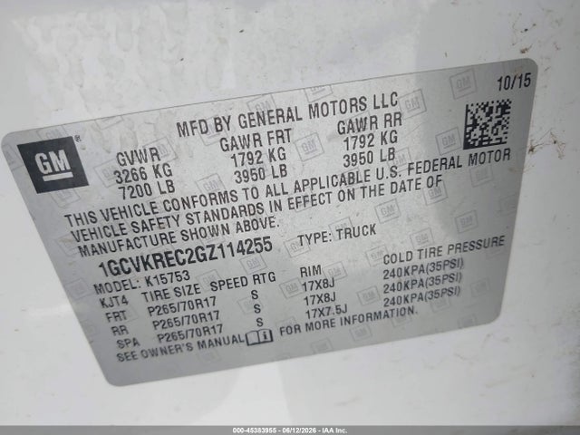 45383955 :رقم المزاد ، 1GCVKREC2GZ114255 vin ، 2016 Chevrolet Silverado 1500 Lt مزاد بيع