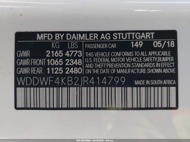 Aukcja sprzedaży 2018 Mercedes-benz C 300 4matic, vin: WDDWF4KB2JR414799, numer aukcji: 45383956