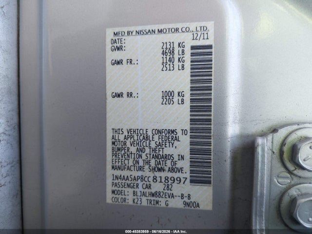Auction sale of the 2012 Nissan Maxima 3.5 Sv, vin: 1N4AA5AP8CC818997, lot number: 45383959
