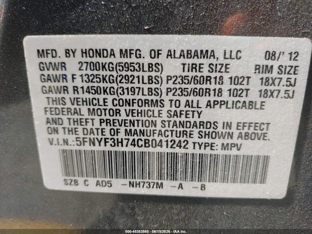 Aukcja sprzedaży 2012 Honda Pilot Ex-l, vin: 5FNYF3H74CB041242, numer aukcji: 45383980