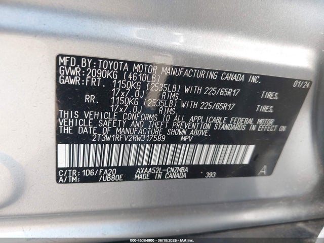 Продажа на аукционе авто 2024 Toyota Rav4 Xle, vin: 2T3W1RFV2RW317589, номер лота: 45384000