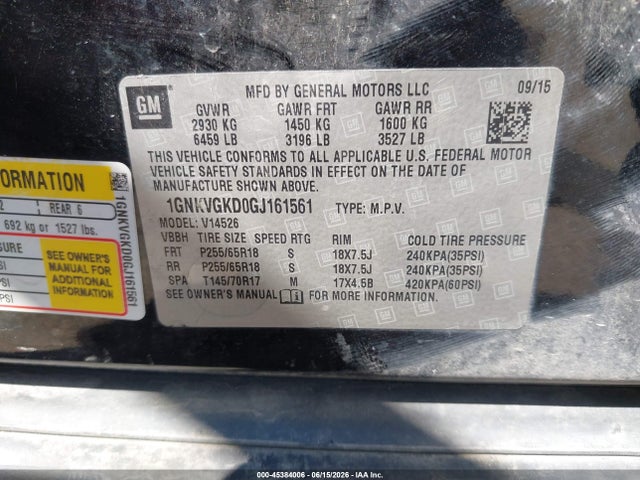 Chevrolet Traverse Lt 2016 1GNKVGKD0GJ161561 Image 9