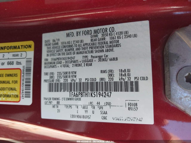 Ford Mustang Ecoboost 2019 1FA6P8TH1K5194247 Image 9