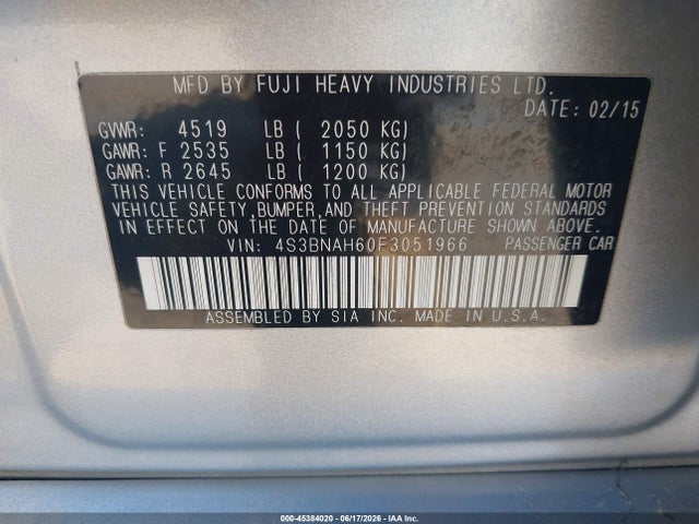 Subaru Legacy 2.5i Premium 2015 4S3BNAH60F3051966 Image 9