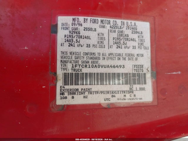 45384029 :رقم المزاد ، 1FTCR10A0VUA46493 vin ، 1997 Ford Ranger Splash/xl/xlt مزاد بيع