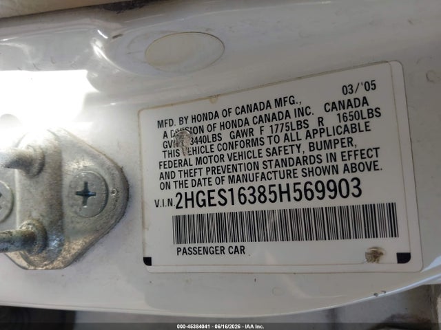 2005 Honda Civic Vp მანქანა იყიდება აუქციონზე, vin: 2HGES16385H569903, აუქციონის ნომერი: 45384041