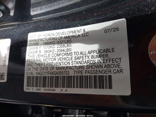 Auction sale of the 2025 Honda Accord Se, vin: 1HGCY1F44SA055703, lot number: 45384057