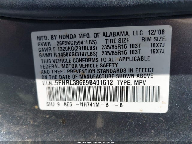Aukcja sprzedaży 2009 Honda Odyssey Ex-l, vin: 5FNRL38689B401612, numer aukcji: 45384059