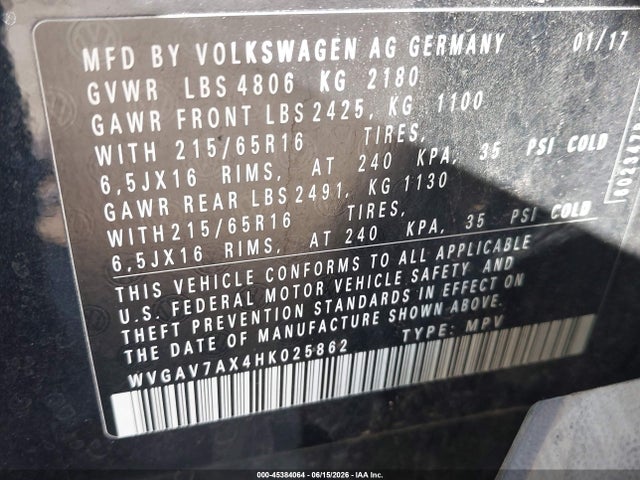 2017 Volkswagen Tiguan 2.0t/2.0t S მანქანა იყიდება აუქციონზე, vin: WVGAV7AX4HK025862, აუქციონის ნომერი: 45384064